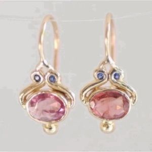 - Watermelon Tourmaline, Sapphire & 18k Gold Filled Earrings 1”